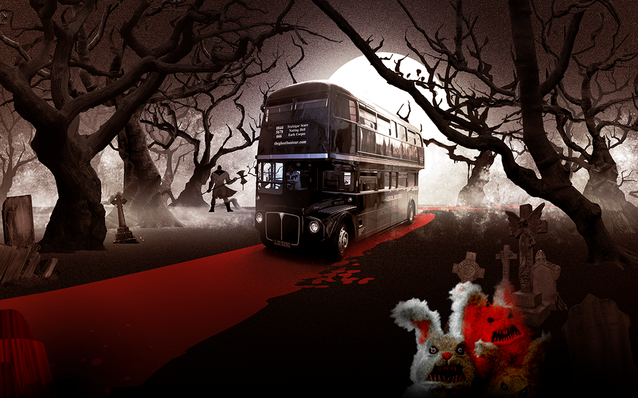 Ghost Bus in einer düsteren Friedhofskulisse mit Vollmond und mystischer Atmosphäre